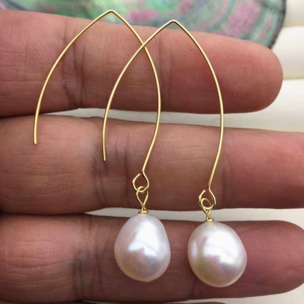 White Cultured Baroque Pearl Earrings-14K Yellow Gold Plated